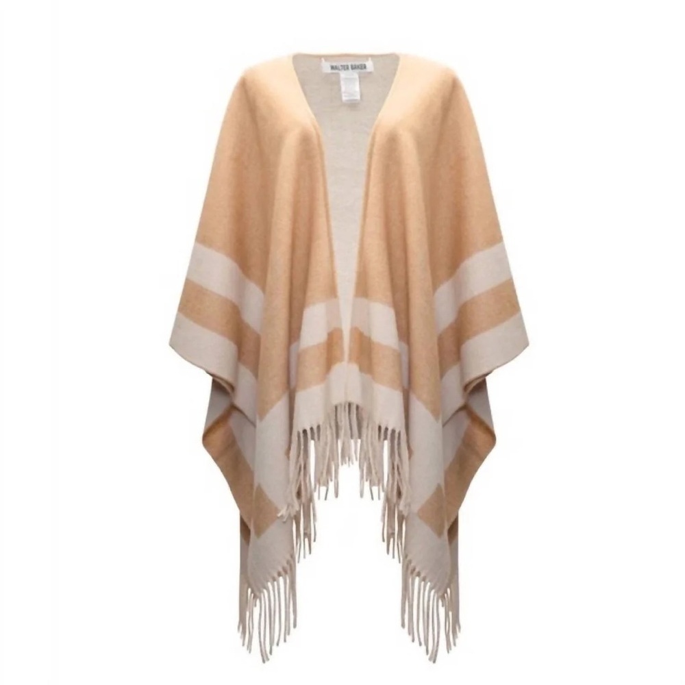 Walter Baker Veruschka Reversible Poncho Camel Ivory Fringe Wrap O/S NWT